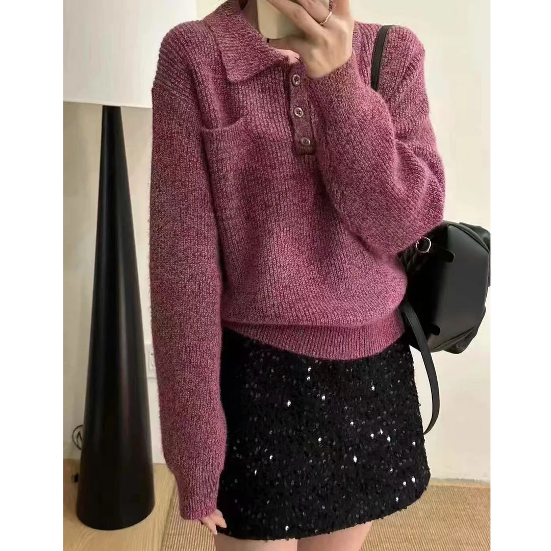 【果酱树莓色】娃娃领套头针织衫毛衣秋冬季款宽松慵懒风打底上衣