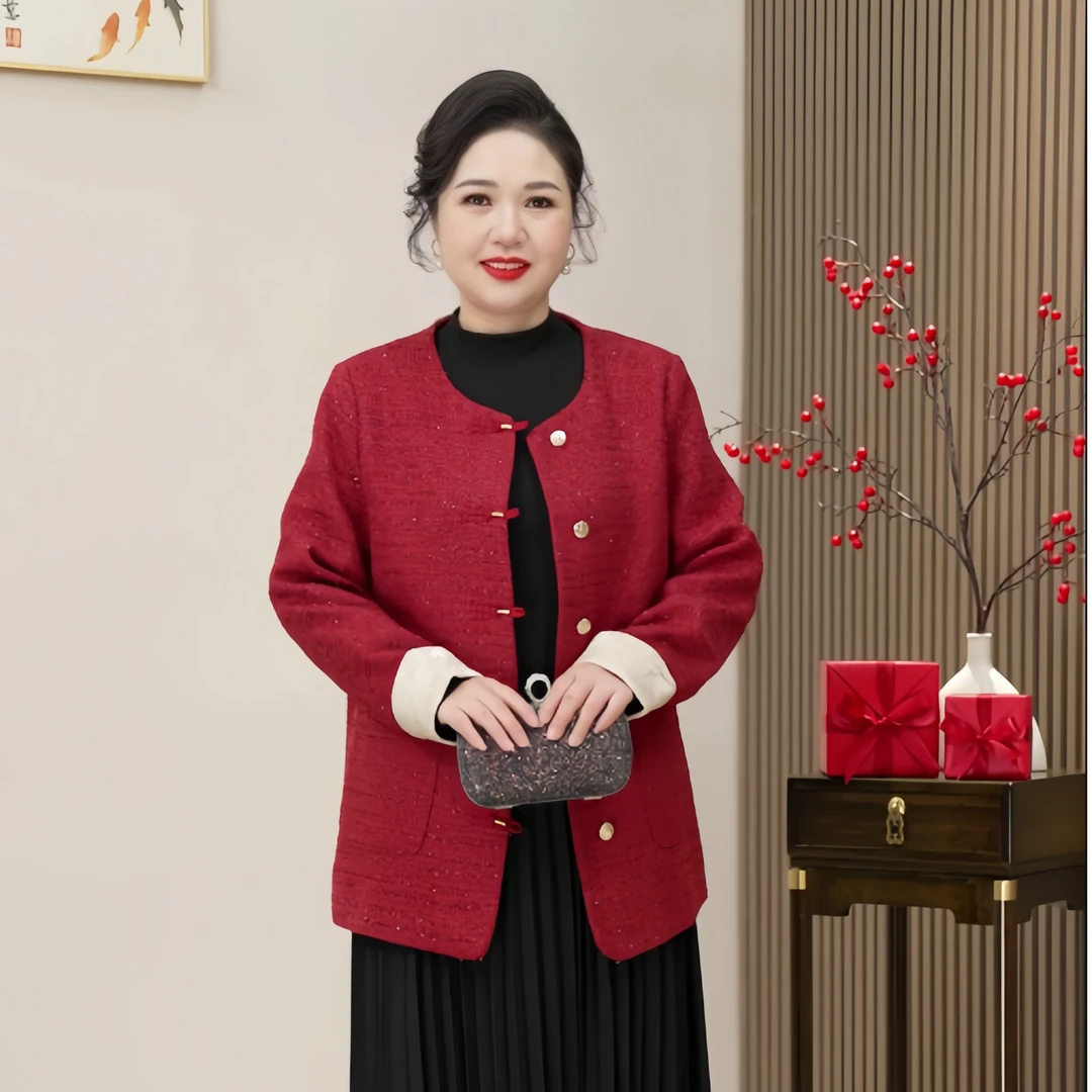 中老年妈妈装春装红色外套本命年洋气短款开衫高贵气质外穿上衣服