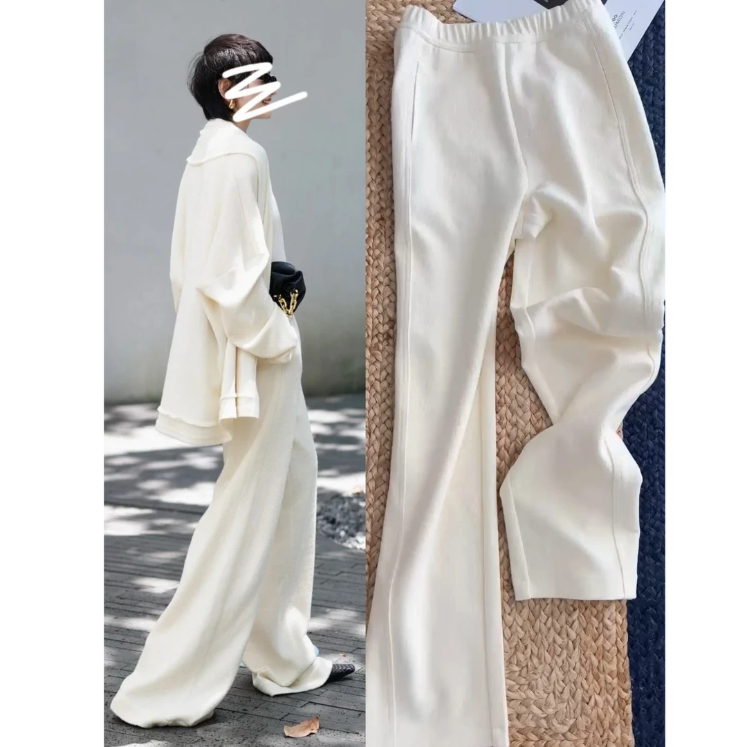 白色蚕丝羊绒裤羊毛裤西裤毛呢休闲裤弯刀裤西装裤阔腿裤秋冬裤子