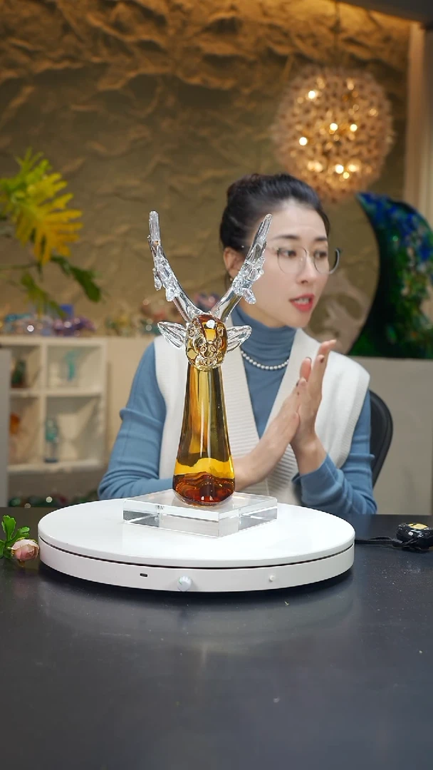 手工艺品琉璃琥珀色鹿首大号带小号底座