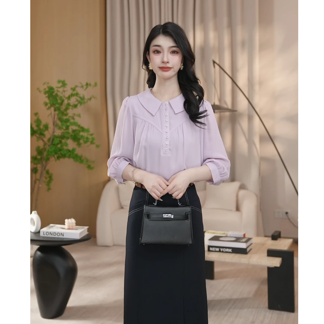 【曼贝】夏季新款百搭时尚小众粉紫色显瘦减龄衬衫女8492272【珮珮】