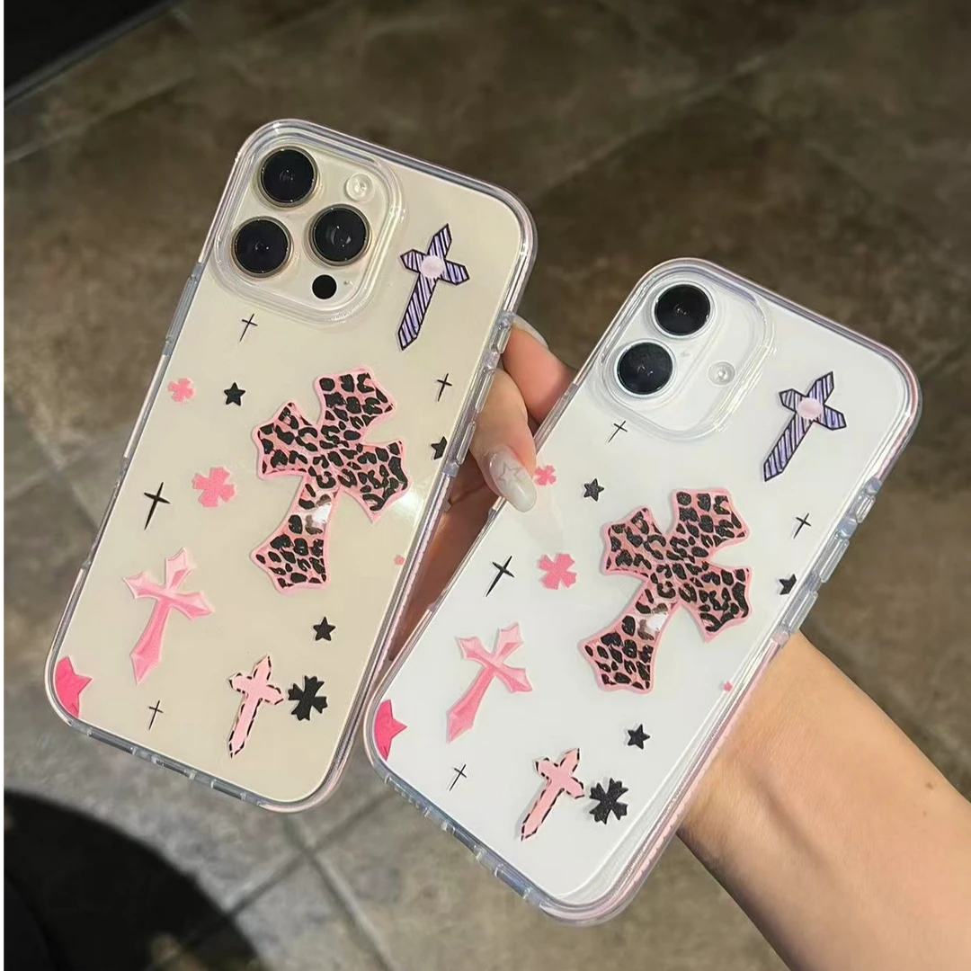 粉色豹纹透明壳适用iPhone16promax软壳ins圆边防撞壳沙漠金15plu