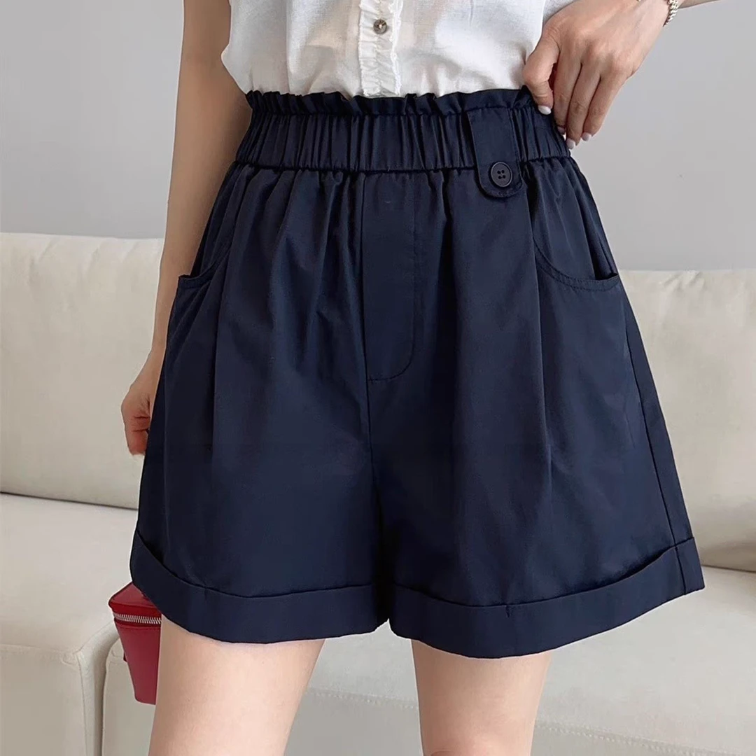 2592松紧腰一粒扣卷边时尚短裤