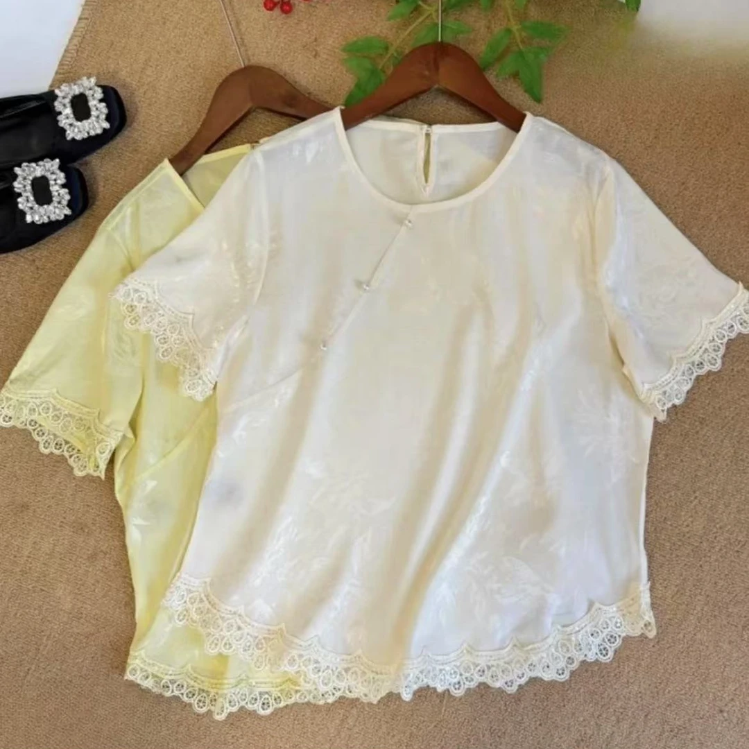 【云霄】国风提花短袖上衣女洋气蕾丝拼接宽松显瘦小衫夏季短袖0076
