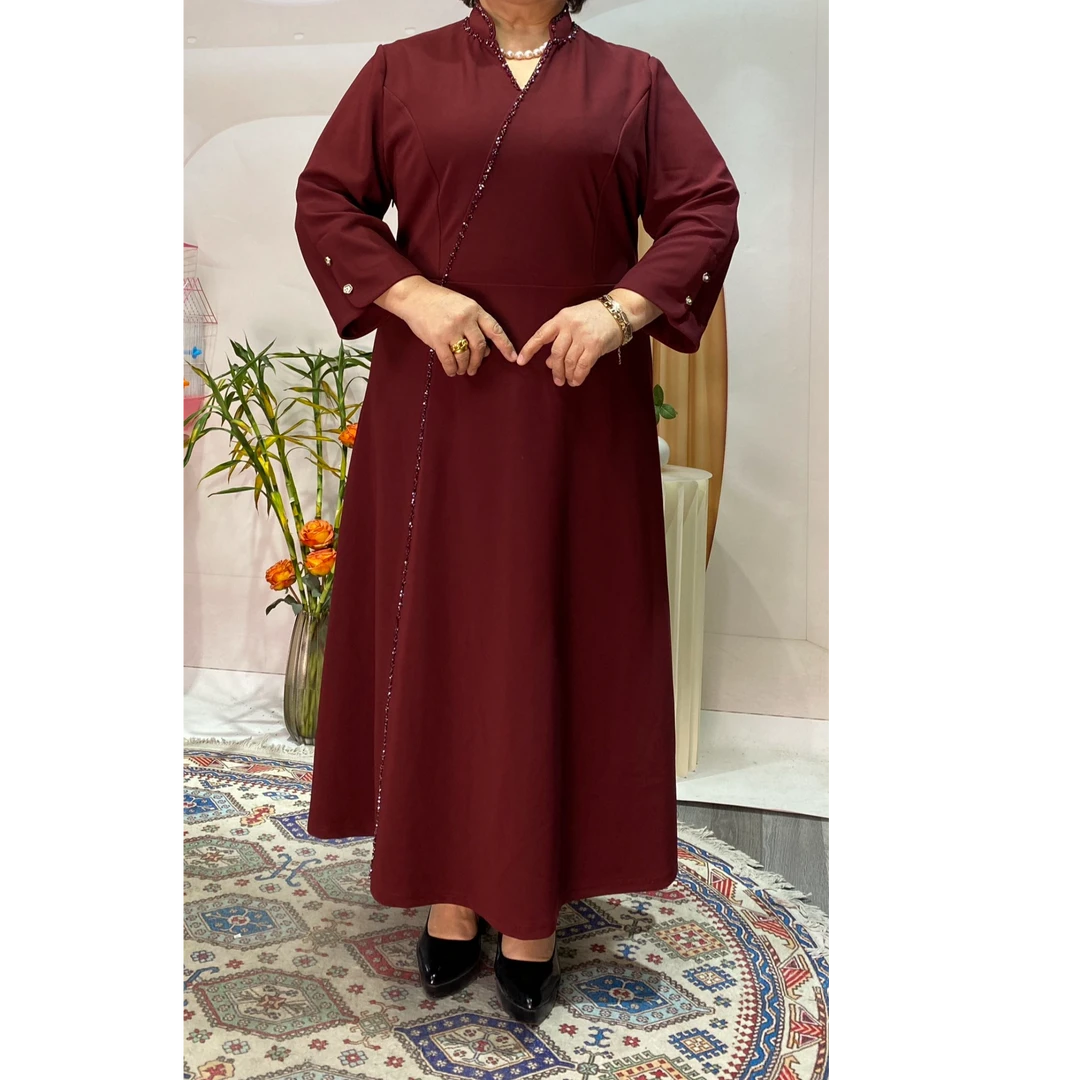 甜美妈妈V领常规中腰长袖显白长袖连衣裙旗袍长款中国风连衣裙