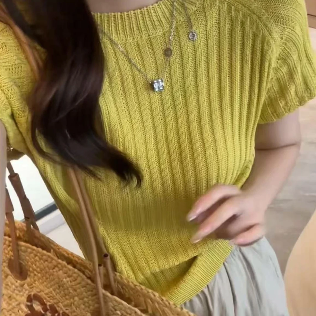 2025年夏季简约设计圆领气质针织韩系短袖时尚纯色百搭上衣H7-39