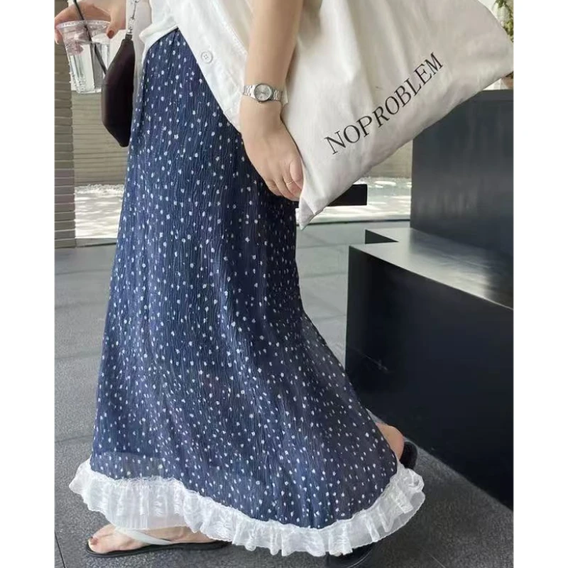 炒鸡韩肌理感蕾丝拼接半身裙夏季新款后开叉韩风裙子中长款百搭