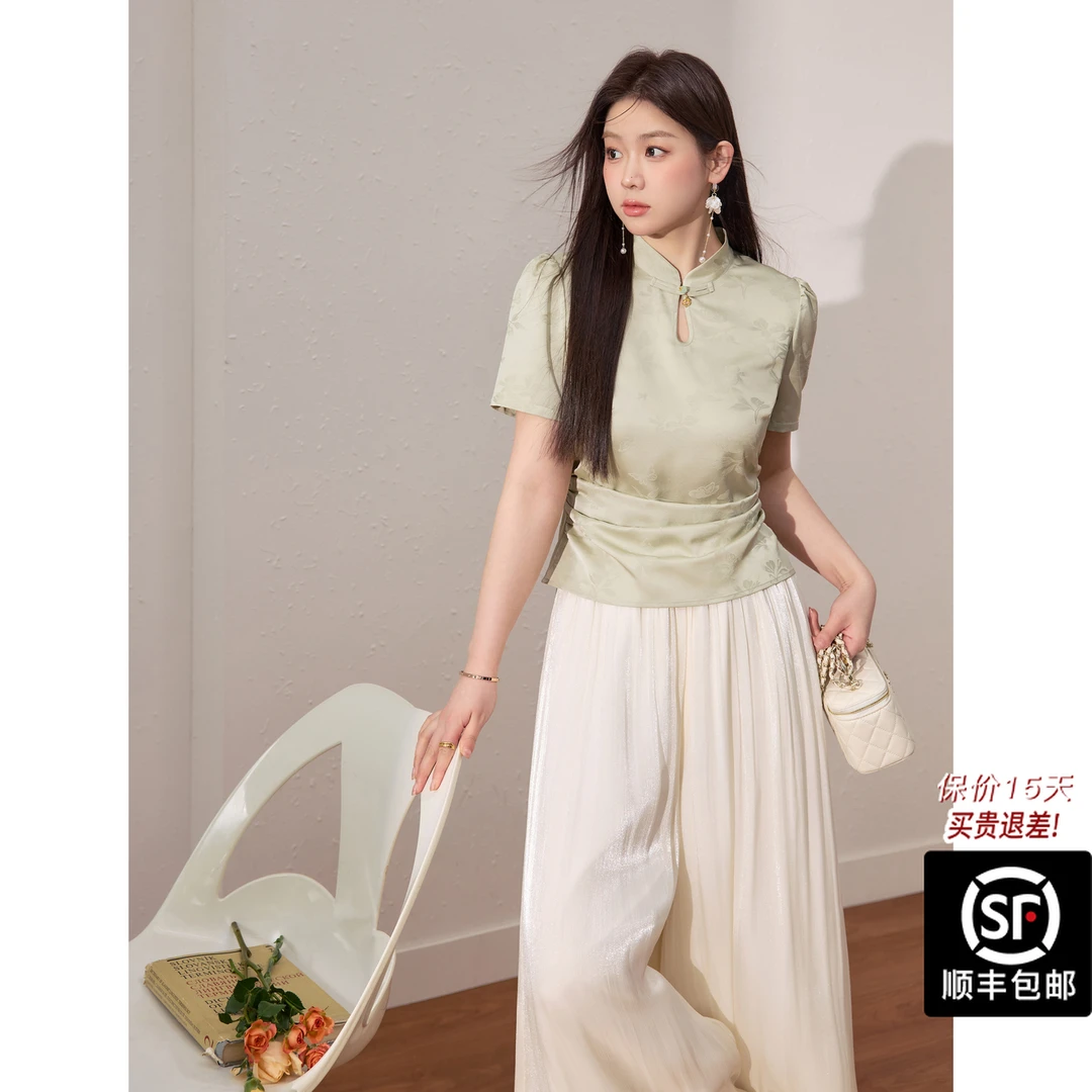 蓝语大码女装新中式清冷感上衣显瘦飘逸裤裙夏巨好看两件套08720