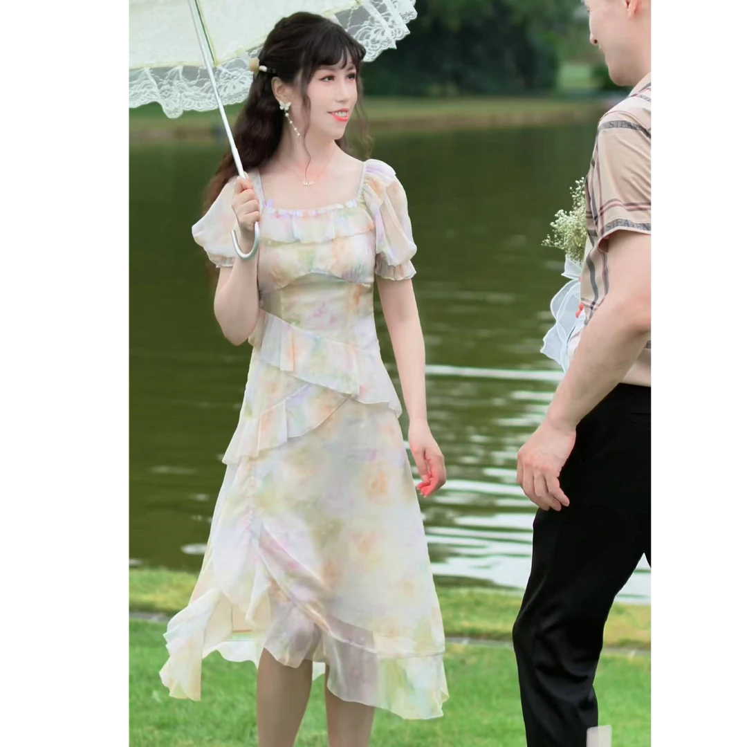 YDNalways衣迪尼时装品牌设计款夏季度假风一字肩方领连衣裙