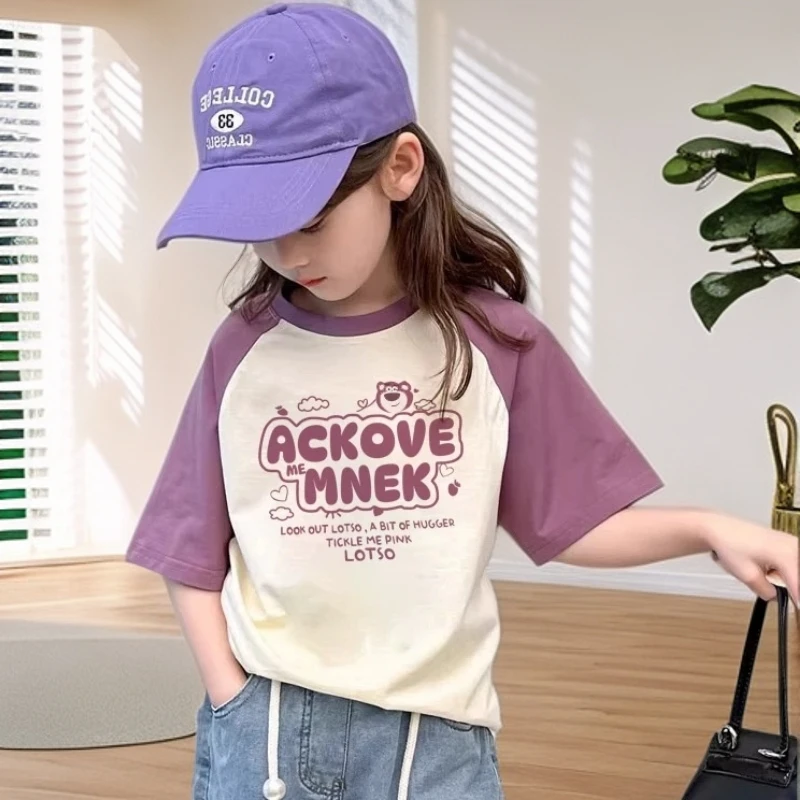 儿童纯棉撞色卡通女童短袖夏季新款T恤女孩宝宝洋气大童半袖上衣