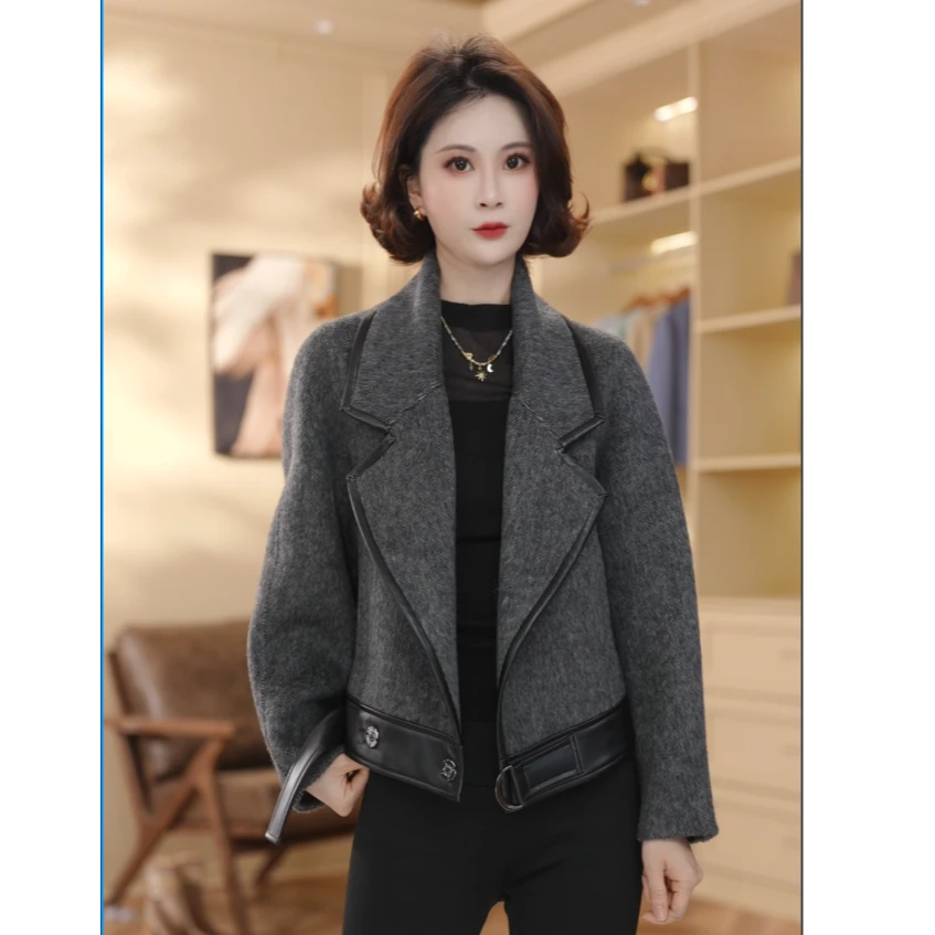 【馨蔚】2025上新双面羊毛大衣气质韩版皮质收边宽松百搭外套24099
