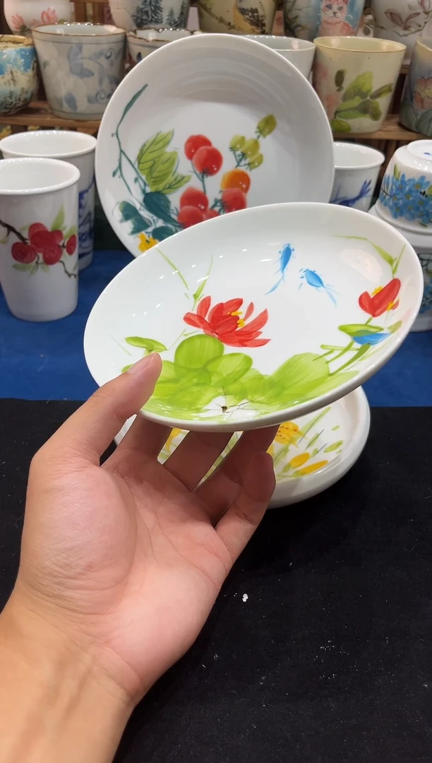陶瓷景德镇高温釉下手工手绘高白泥陶瓷月亮盘荷趣20*2cm