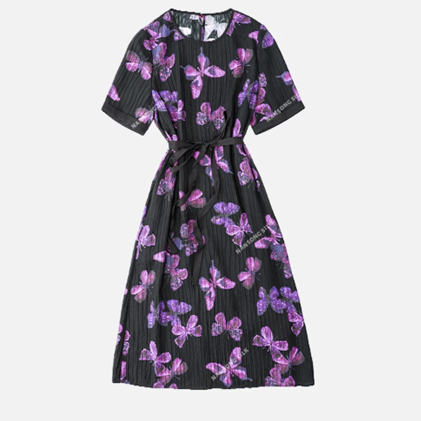 【桑蚕丝V领叠绉裙】英琪家高货舒适柔直筒圆领短袖连衣裙 516170