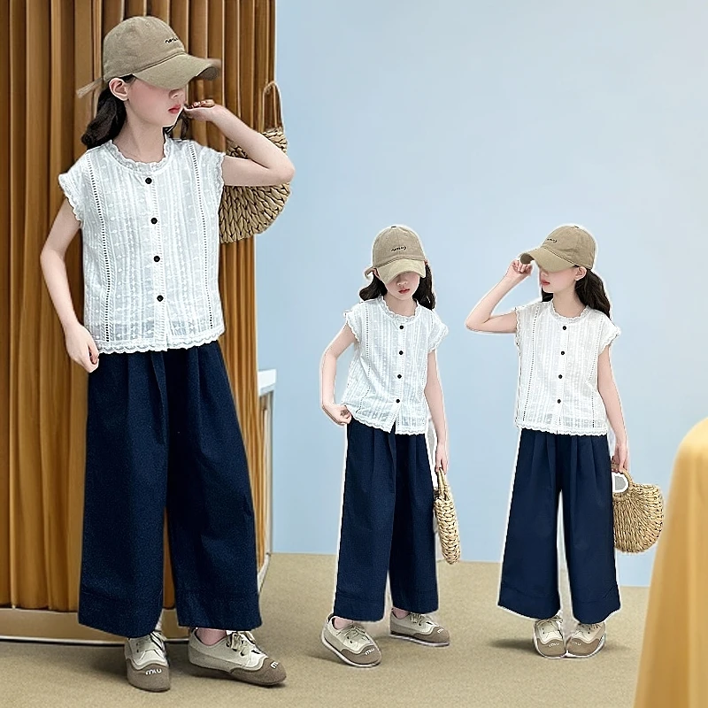 女童夏季洋气时髦飞袖短袖T恤套装2025新款女大童夏装儿童夏款潮t