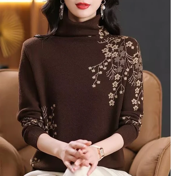 秋冬新品堆堆领提花毛衣针织衫长袖时尚百搭上衣加厚打底衫保暖衣