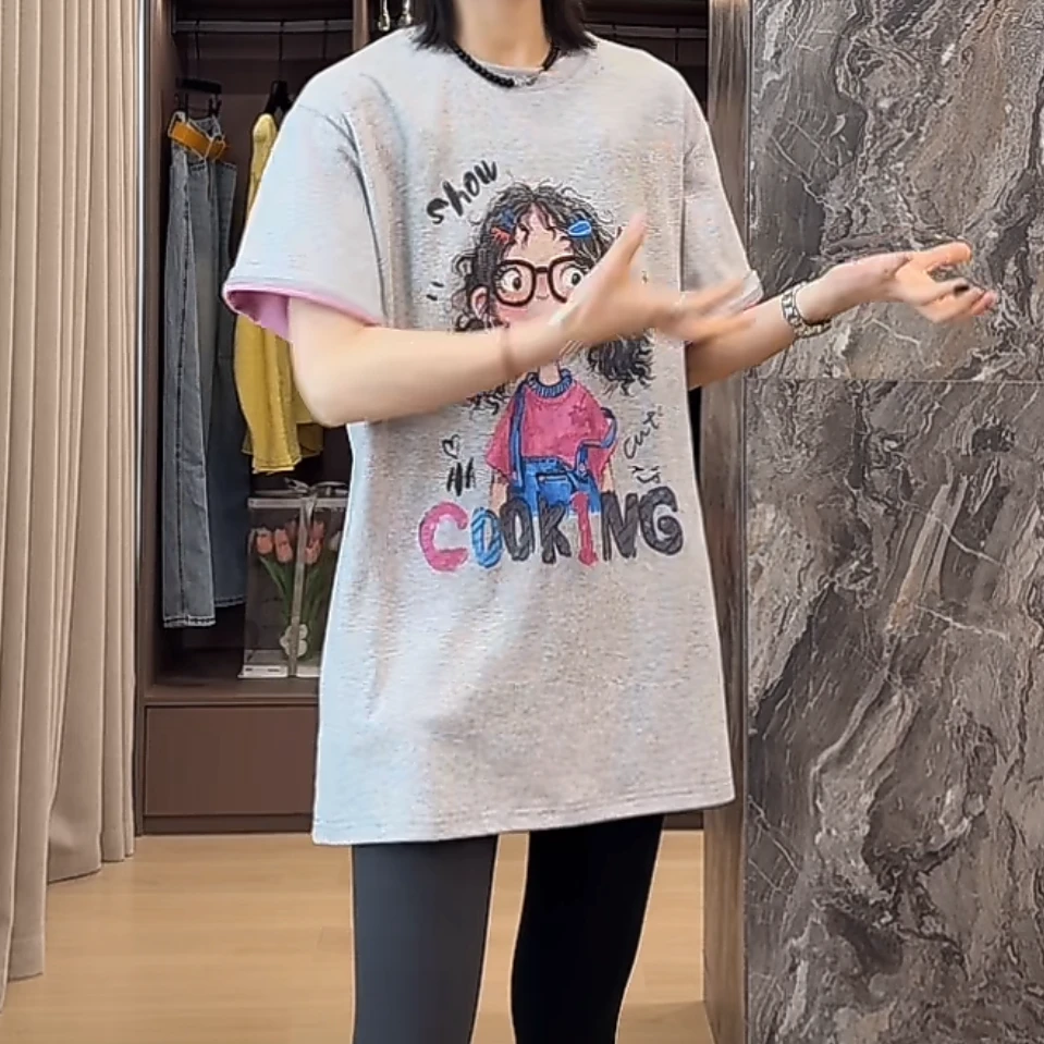 设计感字母卡通女孩印花短袖T恤女春夏2025新款圆领上衣半袖
