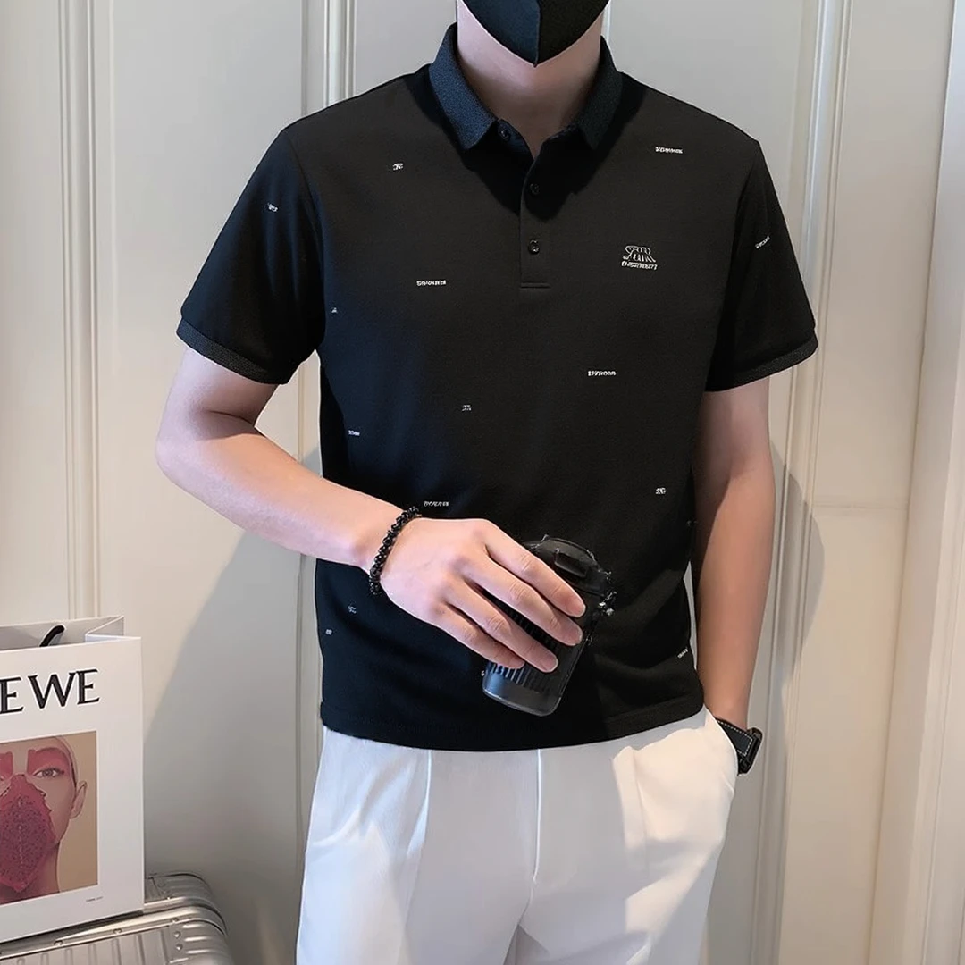 男士夏季潮流刺绣短袖Polo衫潮流修身透气时尚T恤商务休闲百搭款