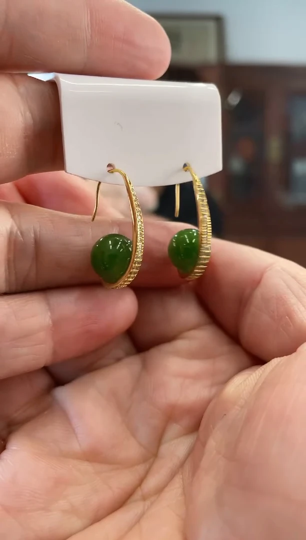 银S925镶嵌和田玉（碧玉）耳饰时尚耳钩