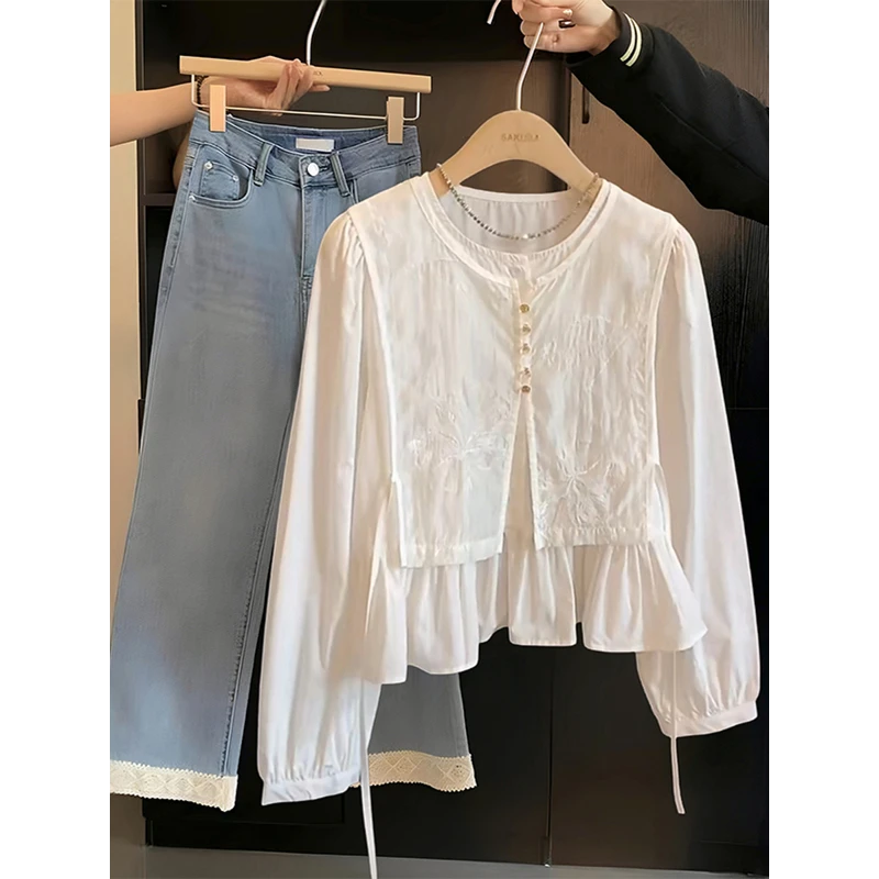 法式白色拼接假两件衬衫女2025春夏款小众设计感宽松显瘦百搭上衣