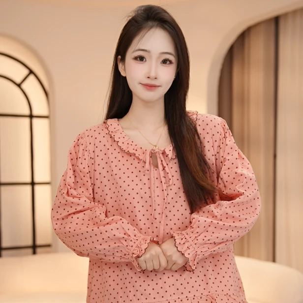 VINEEMAN【小巧波点】新款春秋长袖长裤女士可外穿高档家居服套装