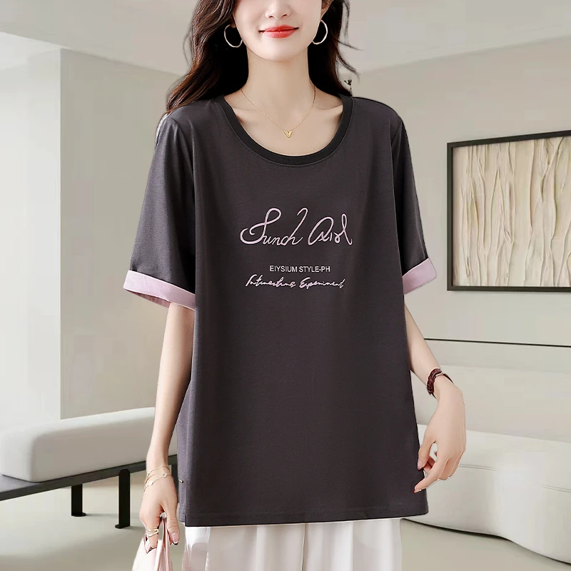 撞色圆领字母印花短袖t恤女士2025夏季时尚宽松显瘦正肩体恤上衣