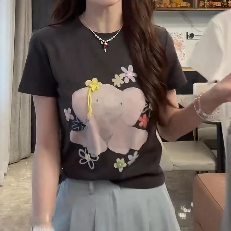 印花减龄百搭款2026夏季重工立体花朵小象短袖T恤