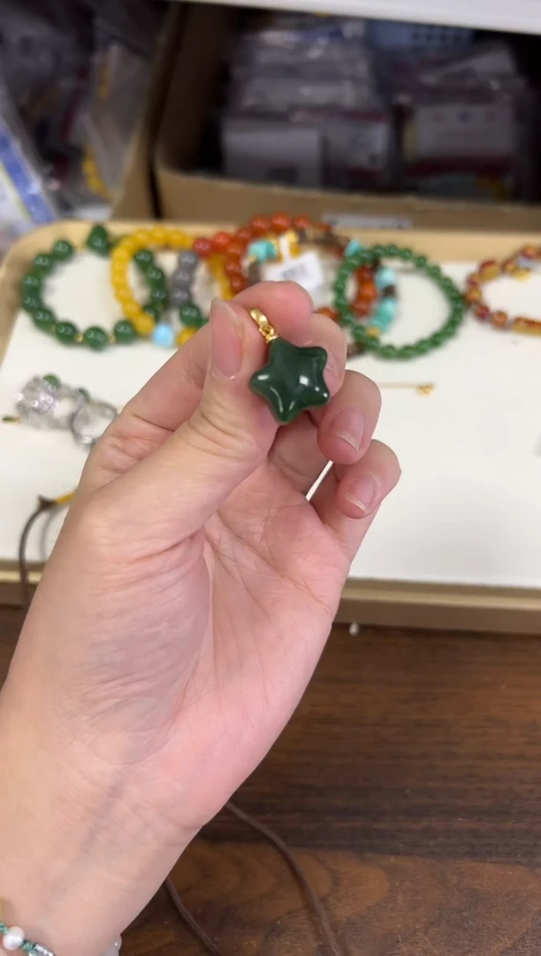 项链银S925镶嵌和田玉和田玉碧玉五角星银吊坠[6210]