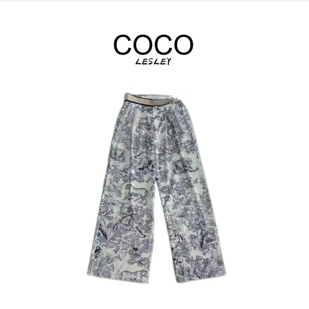 {COCO LESELY}休闲裤休闲印花长裤直筒裤时尚满印松紧夏季阔腿裤