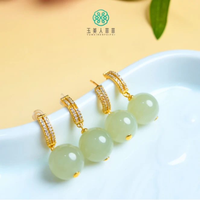 石惑珠宝/和田玉耳坠-双排圆珠耳钉12mm-多样性发一