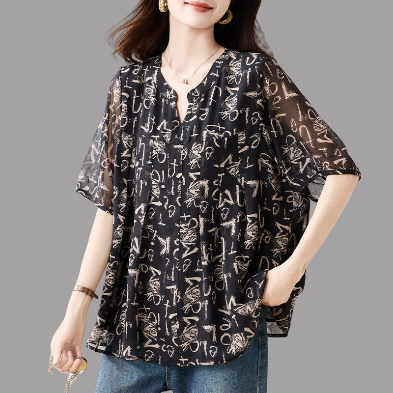 2025夏季新款时尚字母印花宽松衬衫女遮肚显瘦减龄洋气休闲小衫