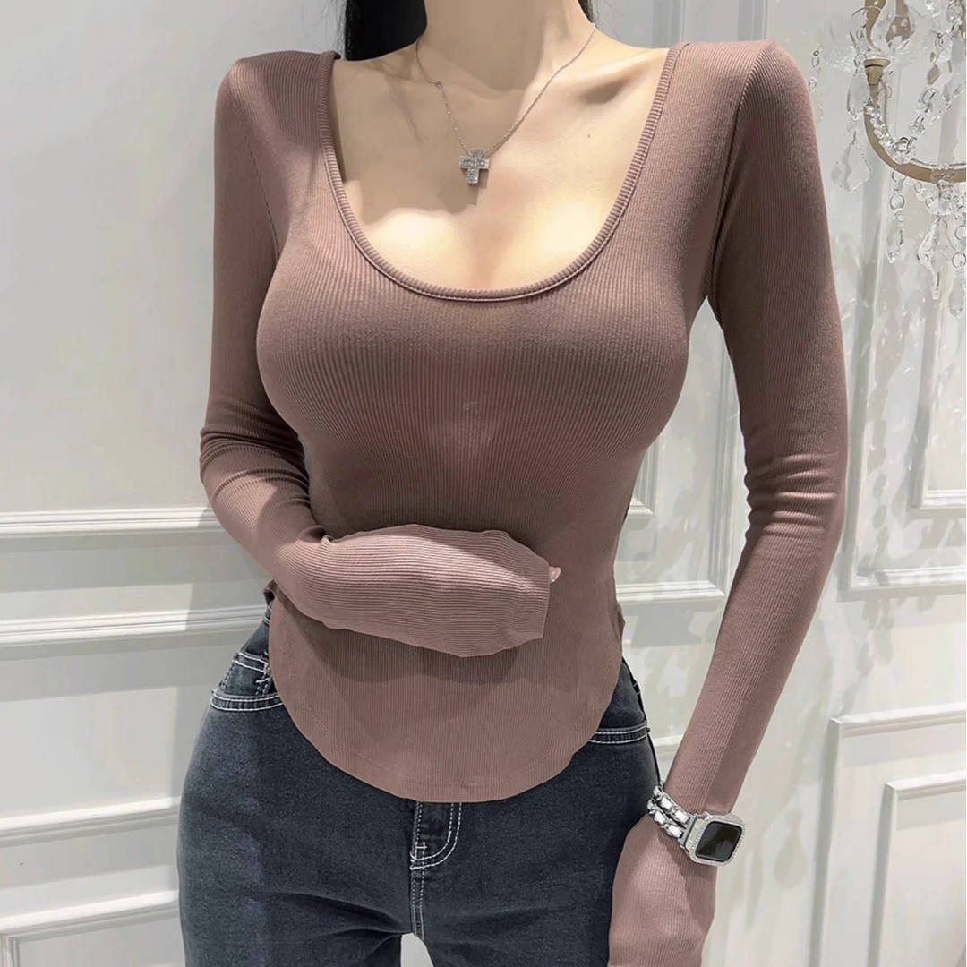 显身材内搭U领打底衫收腰长袖T恤女秋冬新款紧身显瘦加绒纯欲上衣