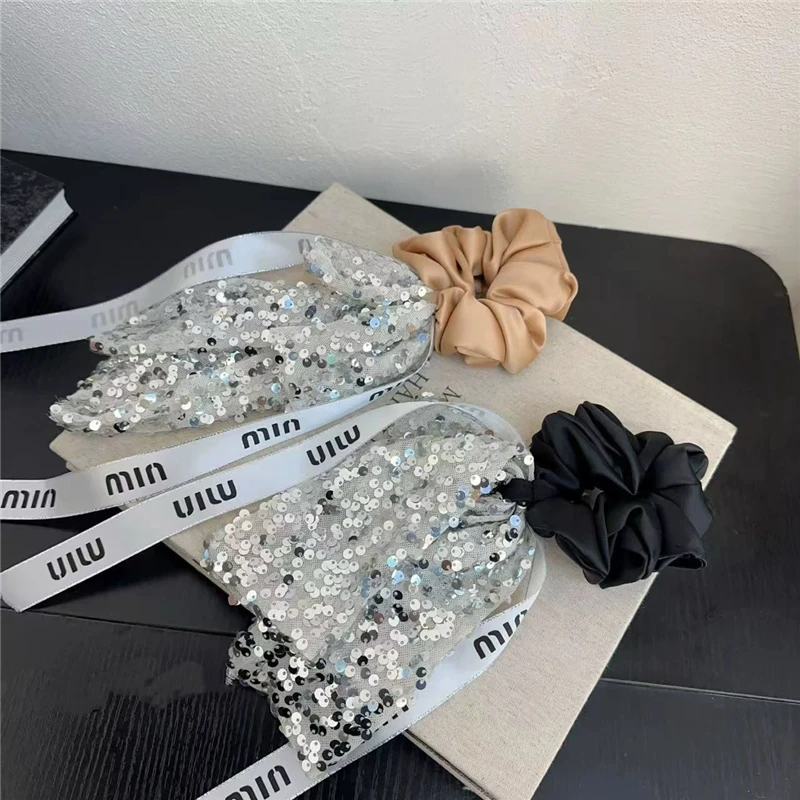 韩版亮片蝴蝶结飘带大肠发圈高级感气质百搭头绳扎马尾皮筋发饰女