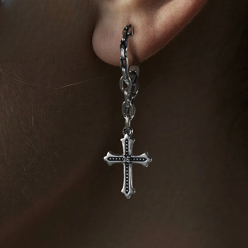 MOKI 925银耳饰 男士925纯银耳钉欧美潮单只哥特十字架复古挂