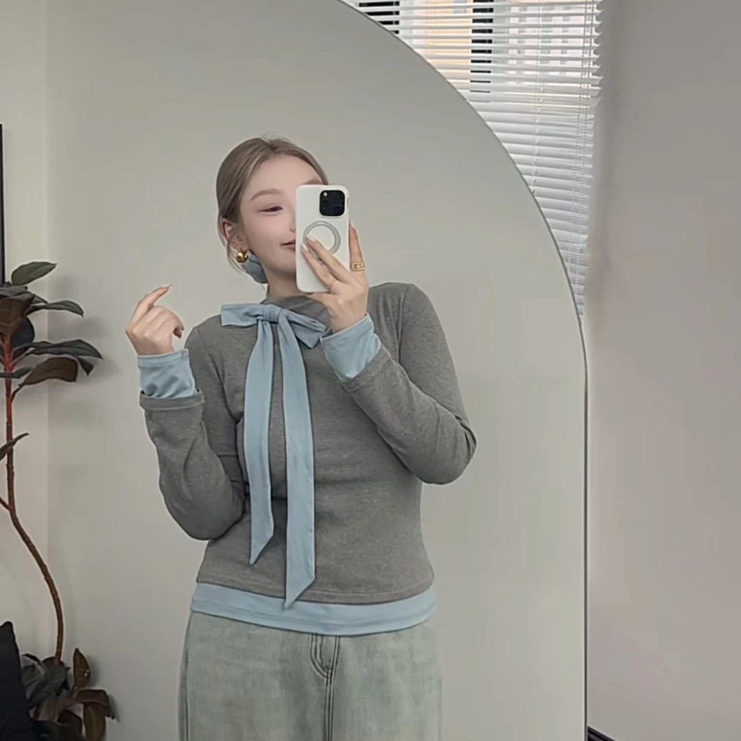 【瘦瘦】拼接撞色假两件蝴蝶结可调节半高领长袖T恤显瘦修身S0905