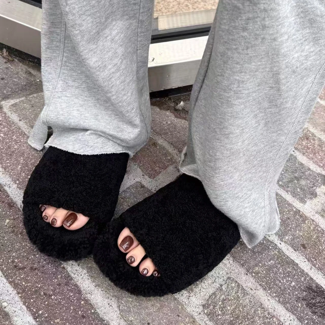 诗歌兰女鞋秋冬毛毛鞋时尚百搭韩版平底外穿露趾一字拖鞋7322-21