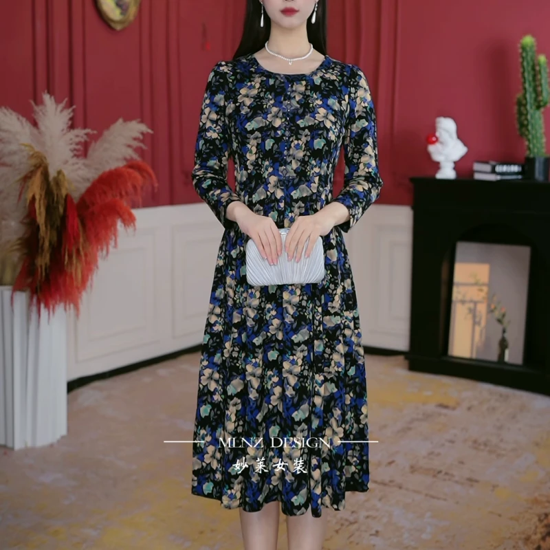 【妙莱 梨花香】冬季新款时尚优雅品牌上档次妈妈装连衣裙巨显瘦