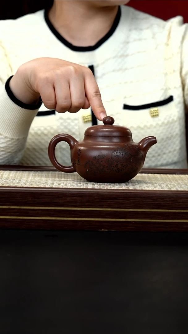 茶壶紫砂51 HZY 紫泥 柿圆 刻绘梅花
