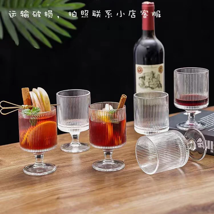 ins欧式高颜值加厚竖条纹玻璃果汁杯甜品高脚杯竖纹家用无铅浮雕