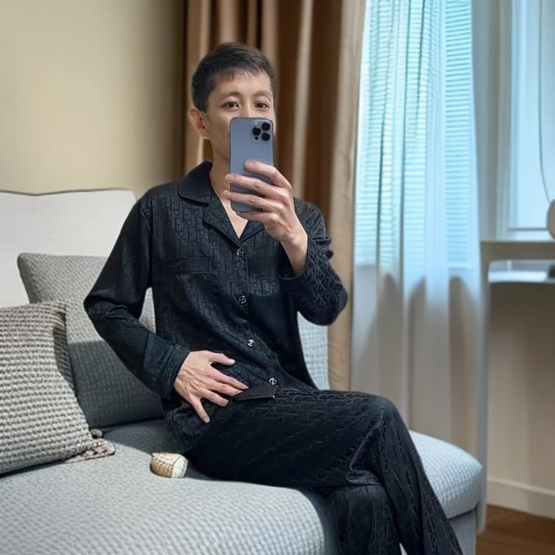 【长袖+长裤】男款长袖冰丝睡衣时尚休闲透气 宽松提花潮流男家居服