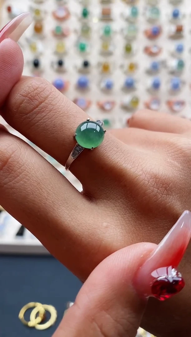 【闪购商品】翡翠戒指银S925镶嵌缅甸天然A货翡翠222 1+7
