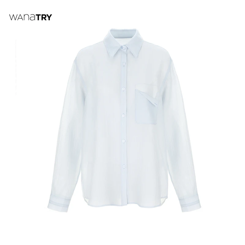 【自播专享】Wana Try天蓝色长袖休闲绉绉感简约衬衫（早春新品）