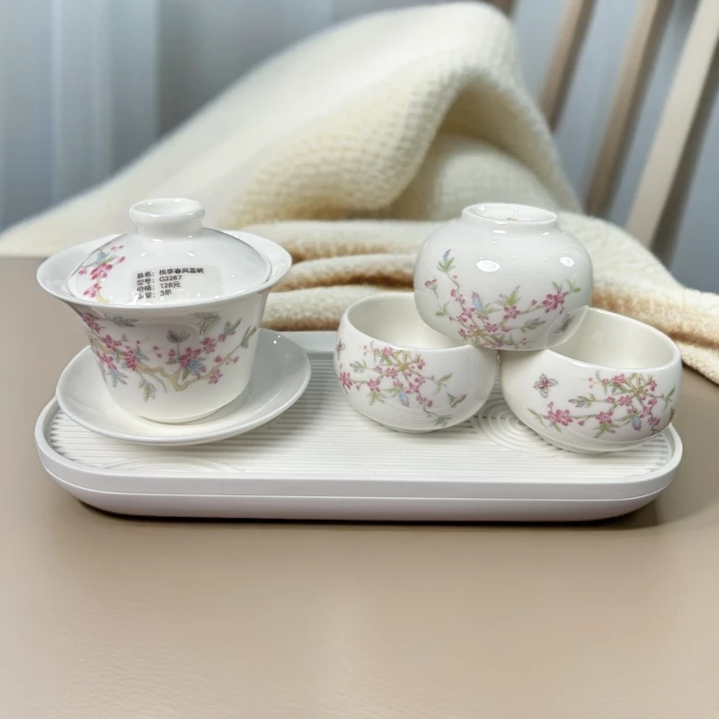ZH3424-桃李春风一盖碗三杯+密胺白色小茶盘