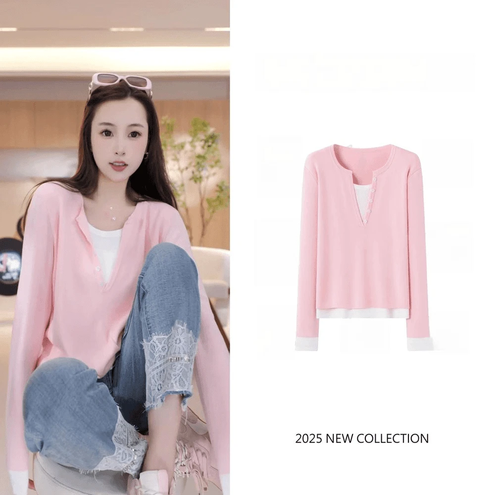 2025秋季新款撞色减龄假两件针织衫女薄款毛衣打底洋气套头上衣潮