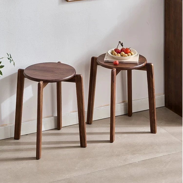 【天百芙】北美黑胡桃实木凳子可叠放圆凳客厅家用餐桌板凳餐椅凳子