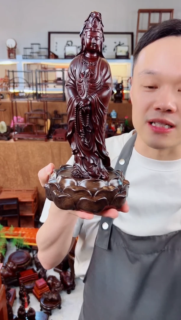 风车木（黑檀木）黑檀大号含苞待放莲花底座加23观音