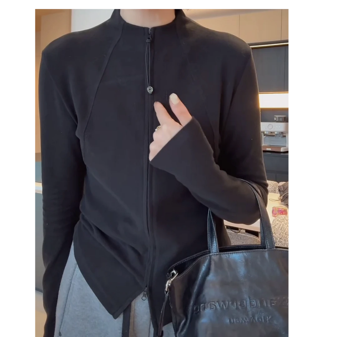 磨毛加绒拉链上衣2024新款秋冬立领修身设计感简约长袖T恤打底衫