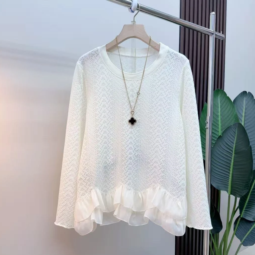 胖mm欧货时尚气质显瘦遮肉减龄百搭宽松6536圆领长袖简约女人衫