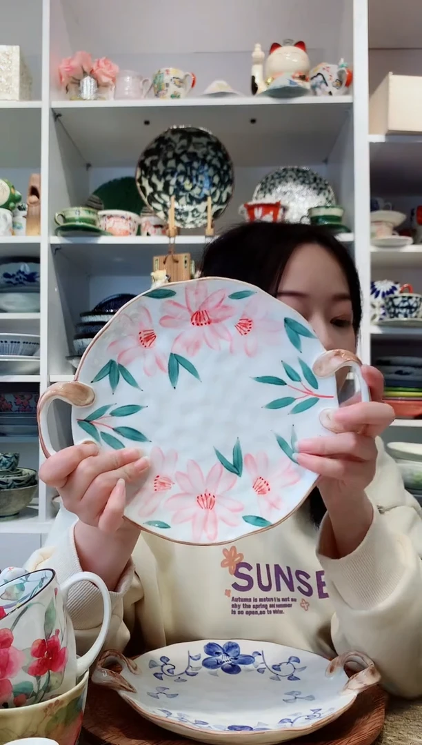 陶瓷【清仓】手绘粉花双耳平盘