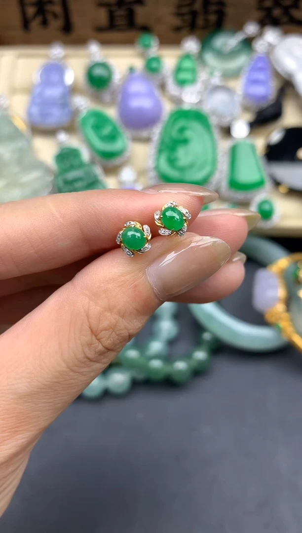 翡翠18K金镶嵌耳饰196-春日珠宝
