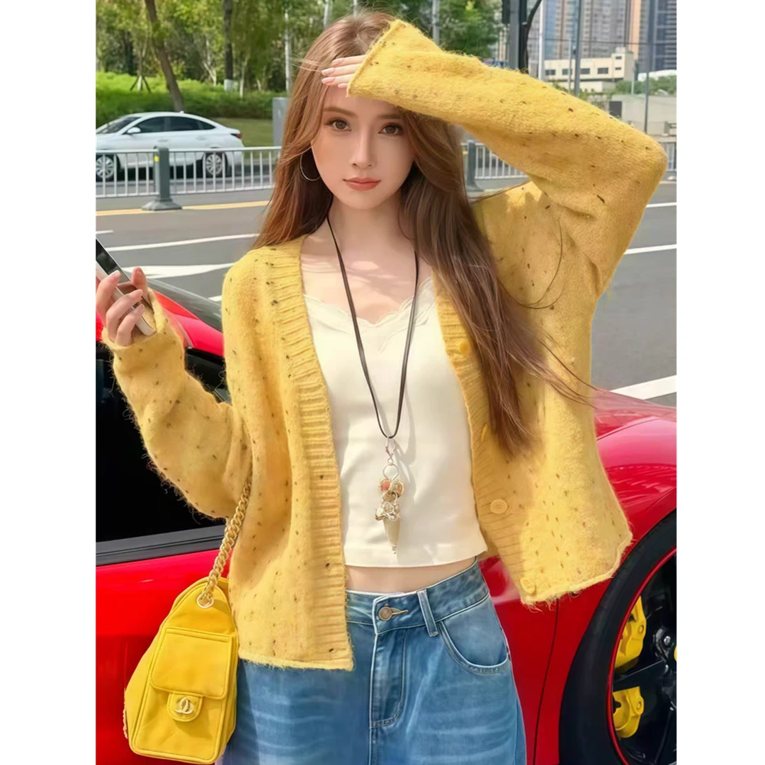 韩系彩色毛球针织开衫毛衣女2025秋季新款宽松慵懒松弛感小众上衣